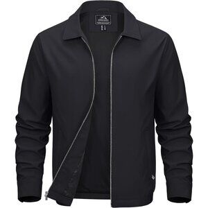 🆕 Men Black Lightweight Jacket Full Zip Golf Collar Windbreaker Casual Spring